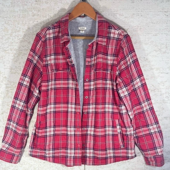 L.L. Bean Shacket Red/White Plaid Fleece Lined Shirt Jacket Size Medium - Picture 1 of 10